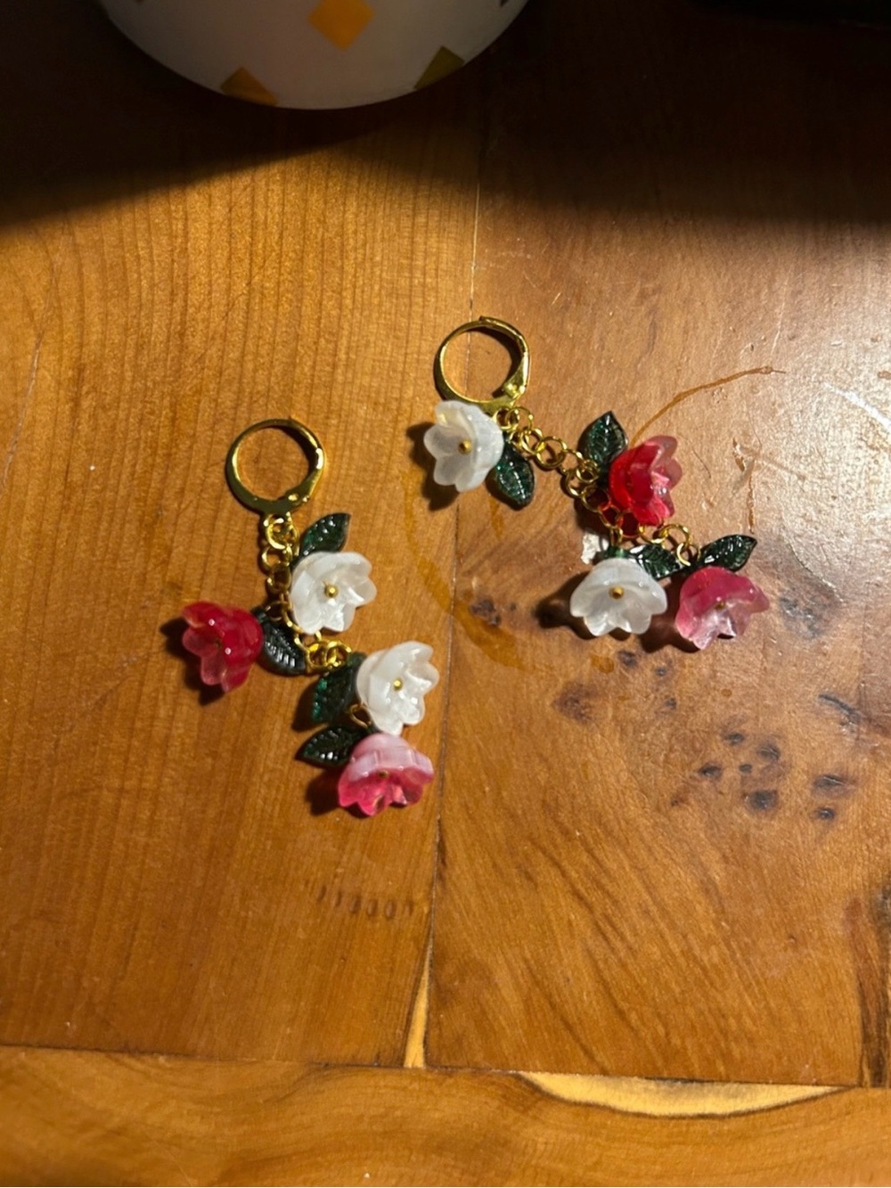Handmade Gold Floral Dangle Earrings with White and Pink Flowers